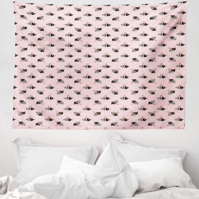 ABAKUHAUS Scandinavisch wandtapijt en sprei, cartoonachtige bijenprint, 150 x 110 cm, lichtroze en zwart