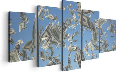 Artaza Canvas Schilderij Vijfluik Dollarbiljetten in de Lucht - Geld - 100x50 - Foto Op Canvas - Canvas Print