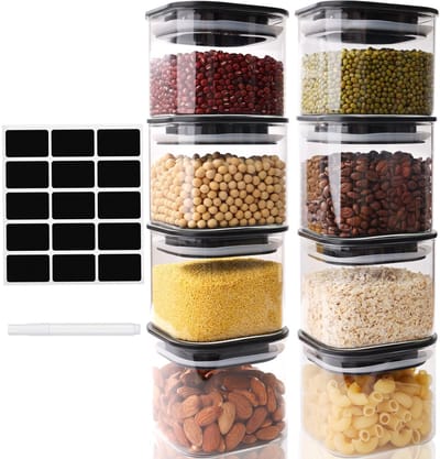 Dailygoods- Opslagpotten Set van 8 - 500ml Borosilicaatglas - Luchtdicht - Zwarte Deksel - Vierkante Jars - Duurzaam Design - Opslagcontainers