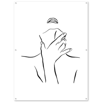 Tuinposter 120x160 cm - Tuindecoratie Abstracte line art van een vrouw met een hand op haar nek - Poster voor in de tuin - Buiten decoratie - Schutting tuinschilderij - Tuindoek muurdecoratie - Wanddecoratie balkondoek