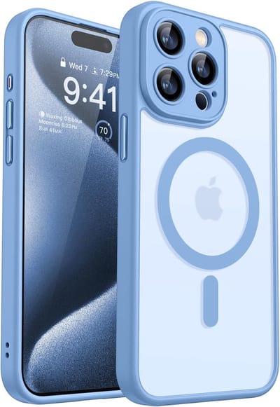 Hoesje Geschikt voor iPhone 15 Pro Max Hoesje Licht Blauw - Hoesje Geschikt voor MagSafe iPhone 15 Pro Max - Shockproof Back Cover met Lens beschermer