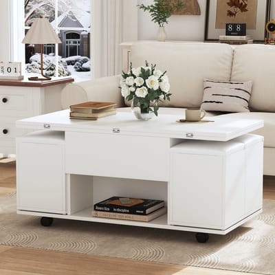 HAUSS SPOLE Salontafels - Hefbare Salontafel Met Lade En Verborgen Opbergruimte - 100x100x63,5 cm - Spaanplaat - Wit