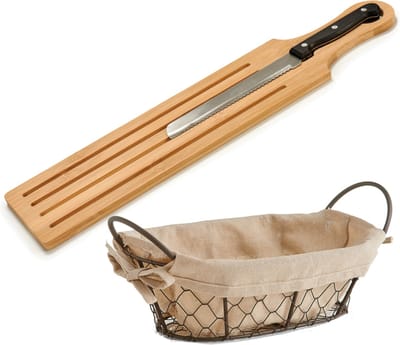 Bamboe houten broodplank/snijplank/serveerplank met broodmes 50 x 10 cm en broodmandje van 26 x 17 cm