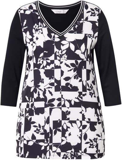 MIAMODA - Dames - Overhemdblouse A-lijn satijn met motief jersey achterpand - Zwart - Maat 42