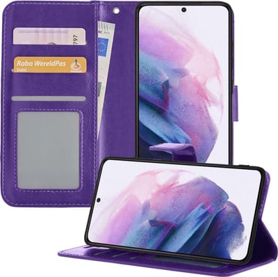 Hoesje - Met Pasjeshouder - Geschikt voor Samsung Galaxy S21 - Luxe Bookcase Portemonee - Flip Case - Kunstleer Book Case - Flipcase - Book Cover - Walletcase - Portemonneehoes - Telefoonhoesjes - Paars