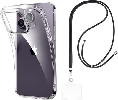 Set met hoesje en nekband voor iphone 15 pro - Flexibele, transparante TPU-bescherming, verstelbare universele nekband voor mobiele telefoons, zwarte nekband, transparante draagriem van Phonillico®
