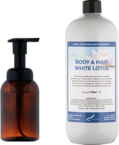 Zeepdispenser 300 ml amber bruin hervulbaar + 1 liter Body & Hair White Lotus navulling
