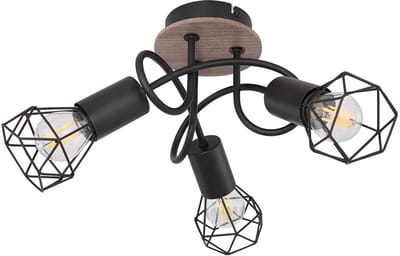 Vintage plafondlamp Spot Rondell plafondspot Plafondlamp woonkamer 3 vlammen metaal zwart, beweegbare spots, metalen gaas hout, 3x E14 stopcontacten, DxH 38x21 cm