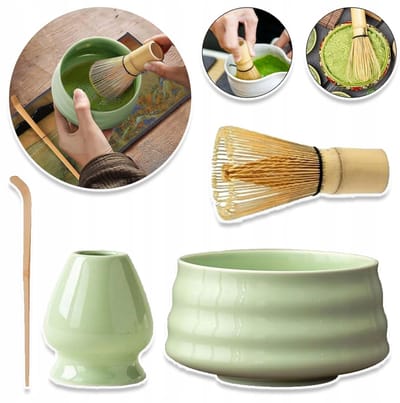 Matcha-Maakset - Bamboe Garde, Keramische Kom En Gardehouder Lepel - Handgemaakte Traditionele Theeceremonieset - Groen
