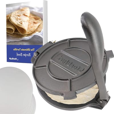 Gietijzeren Tortillapers 254 cm - Met 100 Stukjes Oliepapier en E-Book - Chapati Tortilla en Roti Maker - Indiase Keuken Gereedschap met Recepten