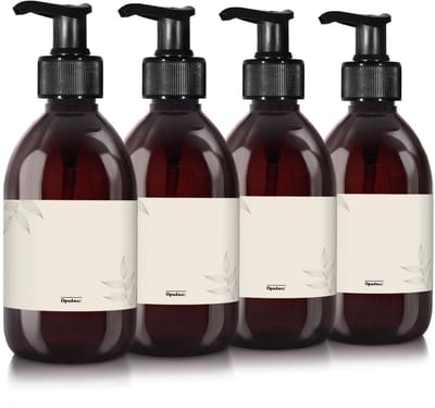 Oputec 4 x 300 ml zeeppompjes – bruin transparante kunststof flessen met pomp & etiketten – navulbaar & lekvrij