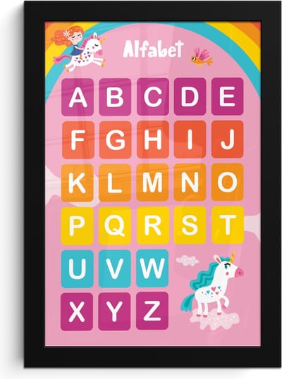 Poster in lijst - Fotolijst 20x30 cm - Posters - Alfabet - Educatief - Letters leren voor kinderen - Roze - Eenhoorn - Posterlijst zwart - Kamer decoratie - Wanddecoratie kinderkamer - Muurdecoratie babykamer