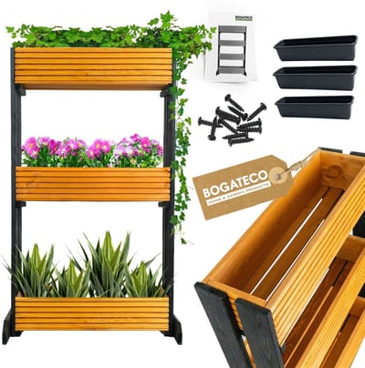 BOGATECO | Set van 3 bloempotten op standaard | Set van 3 bloempot plantenbakken 64x20cm | Houten bloempotten voor tomaten en bloemen, plantenbak voor tuinbalkon | 120cm hoog | Lichtbruin