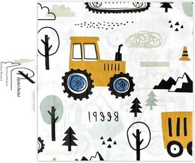 20 Stuks Papieren Servetten met Bouwvoertuigen Print voor Kinderfeestjes - Graafmachines, Tractoren en Bulldozers voor Feestdecoratie