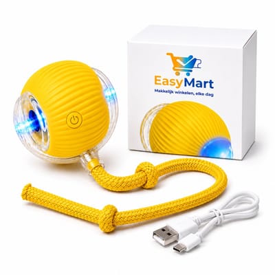 EasyMart Automatische Kattenbal – Interactief Kattenspeelgoed met LED & Touw – Zelfrollende Elektrische Speelbal – 3 Speelmodi – USB-C Oplaadbaar – Voor Binnenkatten – Geel