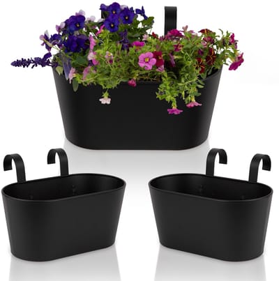 hangende bloempotten voor buitenreling of hek - stijlvolle set van 3 dekplantenbakken ziet er geweldig uit op elk balkon of veranda - plantenbakken voor buiten zijn perfect om thuis verse