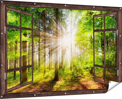 Gards Tuinposter Doorkijk Bos met Zon tussen de Bomen - 180x120 cm - Tuindoek - Tuindecoratie - Wanddecoratie buiten - Tuinschilderij