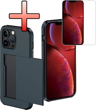 Hoes Geschikt voor iPhone 14 Pro Hoesje Pasjeshouder Hard Cover Met Screenprotector Shock Proof Hard Case Hoes Met Kaarthouder - Donkerblauw