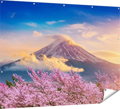 Gards Tuinposter Fuji Berg met Roze Bloesembomen - Bloemen - 160x120 cm - Tuindoek - Tuindecoratie - Wanddecoratie buiten - Tuinschilderij