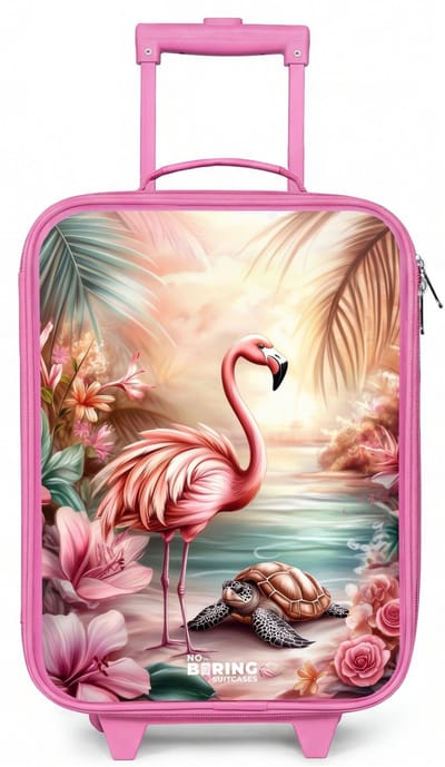 NoBoringSuitcases.com® - Kinderkoffer roze - Kindertrolley meisje - Flamingo en schildpad op een roze strand. - Koffer kind lichtgewicht - Reiskoffer trolley voor kinderen - Koffertje met lichtgevende wieltjes - Rolkoffer