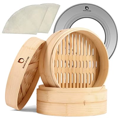 Bamboe Stoomboot Mand met RVS Stoomring Set - 2-Tier Dumpling Steamer voor Dim Sum en Bao Bun