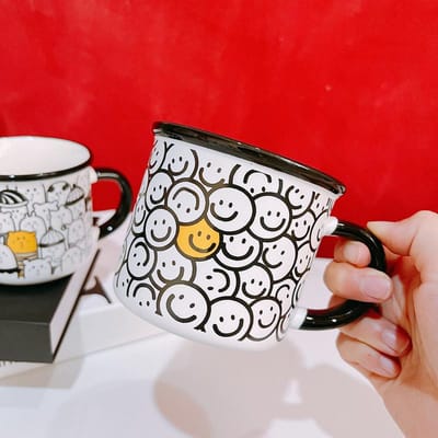 Waardevolle Mok Gestapeld met Vreugde Smiley Kat Cartoon Keramische Mok Melkbeker Ontbijtbeker Studenten Cadeau 350ml black