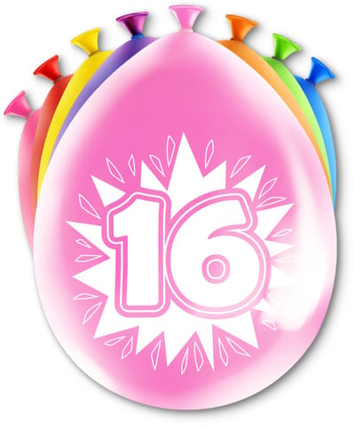 LUQ – Latex Ballonnen Happy Party 16 Jaar – 8 Stuks – Veelkleurig – Verjaardag Decor – Feest Versiering – Helium Ready