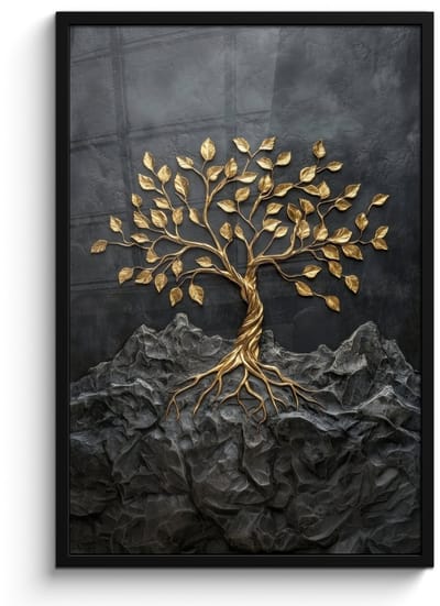 Poster in lijst - Fotolijst 60x90 cm - Posters - Bladeren - Goud - Boom - Rots - Posterlijst zwart - Decoratie - Wanddecoratie woonkamer - Muurdecoratie slaapkamer