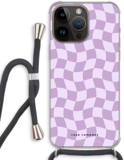 Case Company® - Hoesje met koord geschikt voor iPhone 14 Pro Max hoesje met Koord - Grid Paars - Telefoonhoesje met Zwart Koord - Bescherming aan alle Kanten en Over de Schermrand