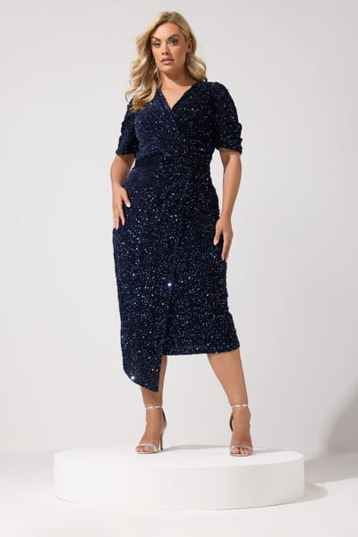 Yours London Blauwe Maxiwikkeljurk Van Fluweel Met Pailletten Size 42