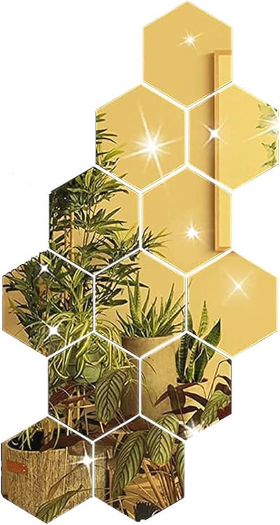 Allecta - Zeshoekige Acryl Muur Spiegel Stickers - Zelfklevende Tegels - Wanddecoratie - Badkamer, Woonkamer, Keuken - Goud - 12 Stuks