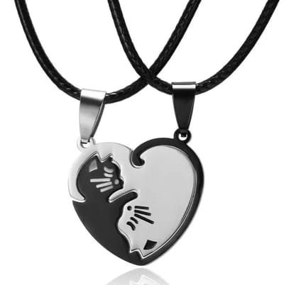 Katten Vriendschapsketting – Hartvorm – Zwart & Zilver – Set van 2 – EmmyRovi