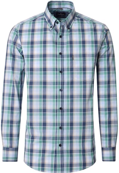 CASA MODA Sport comfort fit overhemd - satijnbinding - wit met blauw - groen en beige geruit - Strijkvriendelijk - Boordmaat: 41 - 42