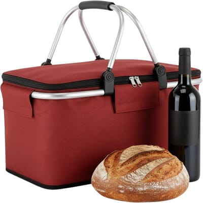 Lomera Opvouwbare Picknickmand - Picknickmand Rood - Koelmand Rood - Aluminium Frame met Rits - Lichtgewicht Mand - Picknick Koeltas - Thermische Picknickmand - Draagbare Picknickmand - Picknickmand met Handvat