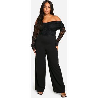 boohoo Dames Plus Kanten Jumpsuit met Off-Shoulder en Wijde Pijpen | Black | Maat: 28