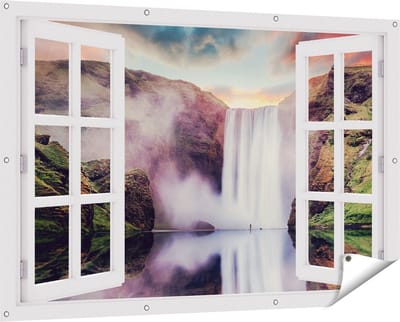Gards Tuinposter Doorkijk Waterval met een Weerspiegeling in het Water - 150x100 cm - Tuindoek - Tuindecoratie - Wanddecoratie buiten - Tuinschilderij