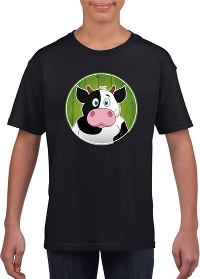 Kinder t-shirt zwart met vrolijke koe print - koeien shirt - kinderkleding / kleding 110/116