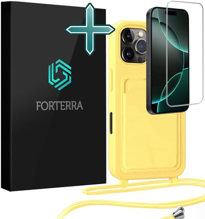 Hoesje Geschikt voor iPhone 16 Pro Pashouder Case Siliconen Hoes Met Koord Met Screenprotector - Hoes Geschikt voor iPhone 16 Pro Met Telefoonkoord Hoesje Back Cover Met Pasjeshouder - Geel