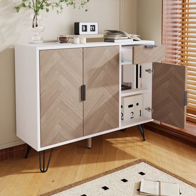 STILVORA Opbergkast - Modern Dressoir Met Lade En 3 Deuren - Hoogteverstelbare Planken En Gedempt Sluiten - MDF;Spaanplaat - 90x30x71,5 cm - Wit+Lichtbruin