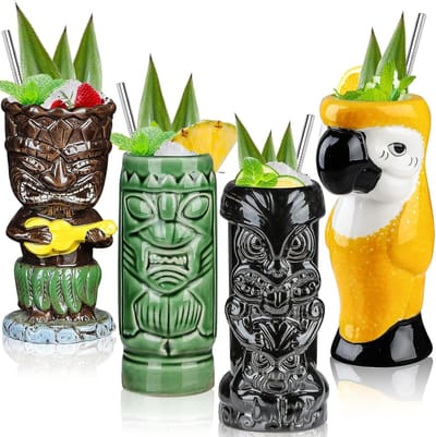 Set van 4 Tropische Tiki Glazen voor Cocktails - Creatieve Ceramische Mokken voor Feesten, Bar Drinkware en Exotic Drankjes