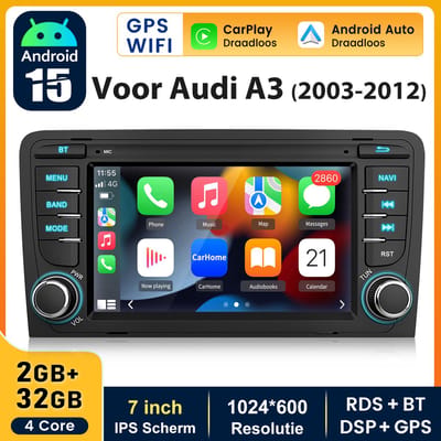 JUNSUN 2 DIN Andriod Autoradio - Geschikt voor AUDI A3 8P (2003-2012) S3, WIFI Carplay GPS Navi FM Bluetooth Android Auto + Mirror Link SWC DSP