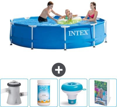 Intex Rond Frame Zwembad - 305 x 76 cm - Blauw - Inclusief Zwembadfilterpomp - Chloor - Chloordrijver - Zwembadgids
