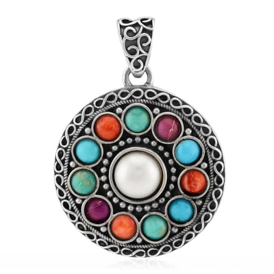 Cavill - Zilveren hanger 925 Sterling Zilver - witte zoetwater kweekparel 7 mm - Kingman Mohave turkoois & carneool, boho stijl