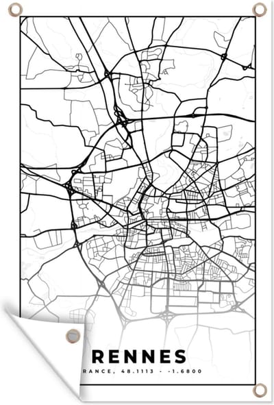 Muurdecoratie Frankrijk - Plattegrond - Rennes - Stadskaart - Kaart - Zwart wit - 120x180 cm - Tuinposter - Tuindoek