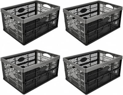 32 Liter Set– Belastbaar tot 18 KG – Opvouwbare Kratten – Inklapbare Boodschappenkrat – Stapelbaar – 48x35x23 cm – Zwart-Grijs