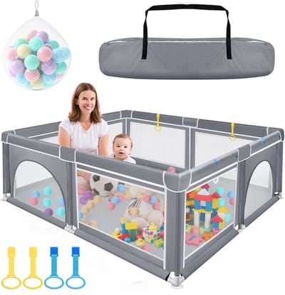 Froadp 150 x 180 cm x 68 cm Babybox Opbouwbare kinderbox Krabbelhek Babybox Met accessoires en handtas, donkergrijs