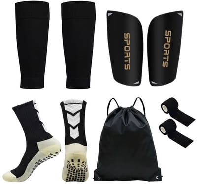 Gripsok set voetbal - sleeve - scheenbeschermers - tape - sokken- tas - voetbalsokken zonder voet - one size - 5-delig - zwart