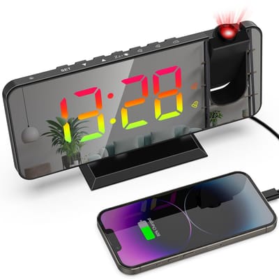 longziming -RGB Projectieklok met Dubbele Wekker – 7 Kleuren Display, 180° Draaibare Projectie & USB-Voeding