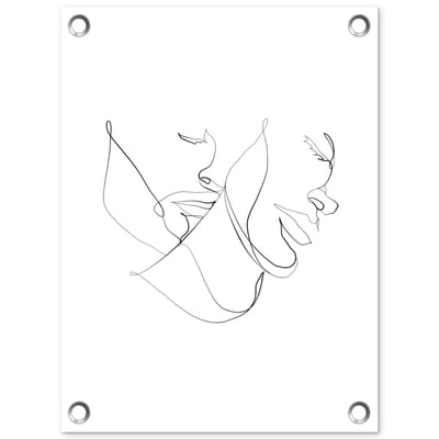 Tuinposter 30x40 cm - Tuindecoratie Abstracte line art van de hoofden van een koppel op een witte achtergrond - Poster voor in de tuin - Buiten decoratie - Schutting tuinschilderij - Tuindoek muurdecoratie - Wanddecoratie balkondoek