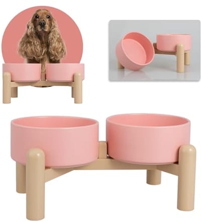 Verhoogde keramische hondenvoerbak set van 2 met antislip houder - 850 ml roze